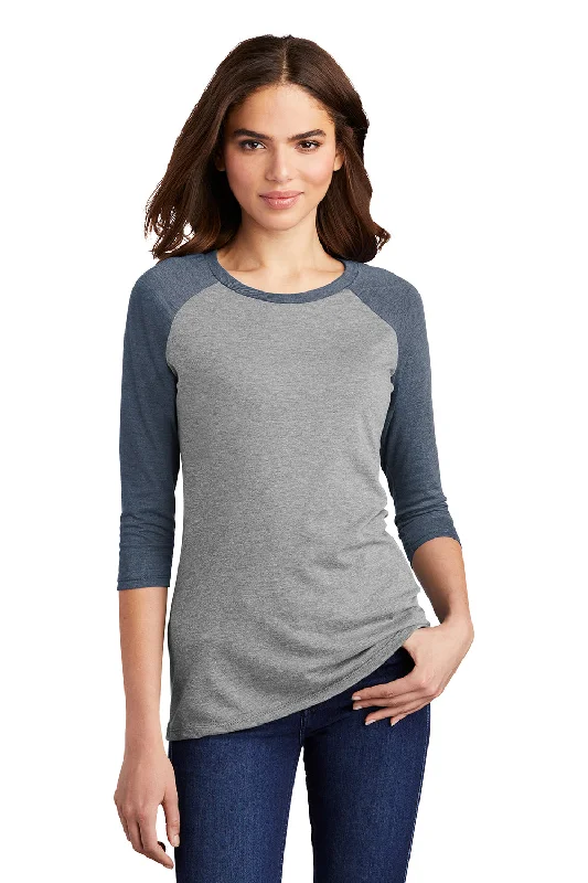 District Womens Perfect Tri 3/4 Sleeve Crewneck T-Shirt - Grey Frost/Navy Blue