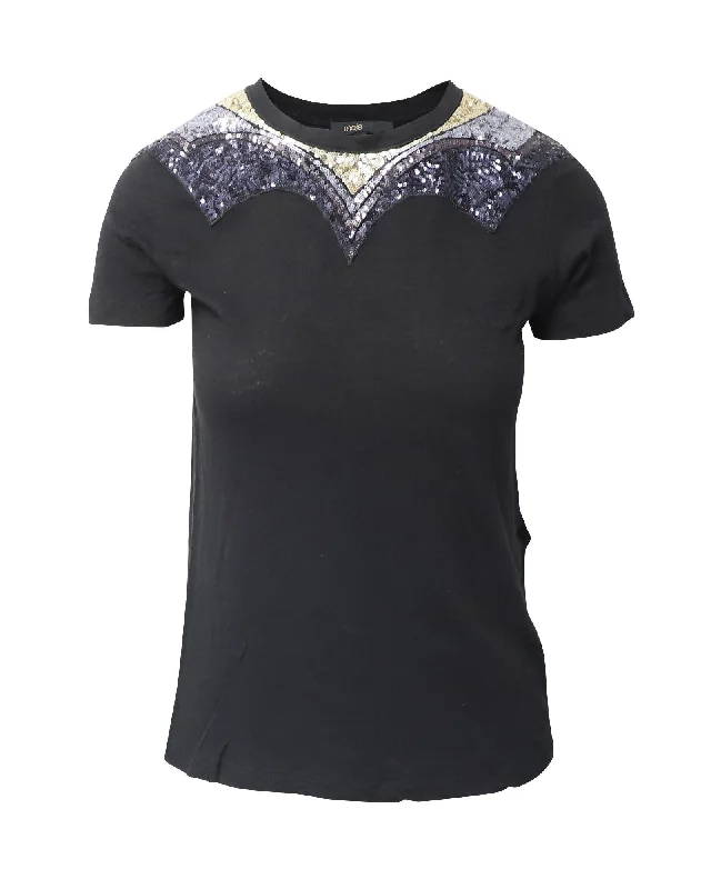 Embellished Black Cotton T-Shirt by Maje