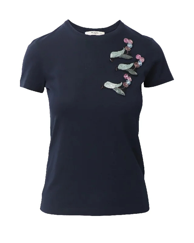 Embroidered Navy Blue Cotton T-Shirt