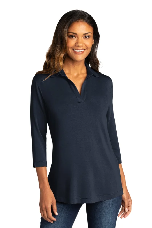 Port Authority Womens Luxe Knit 3/4 Sleeve Polo Shirt - River Navy Blue