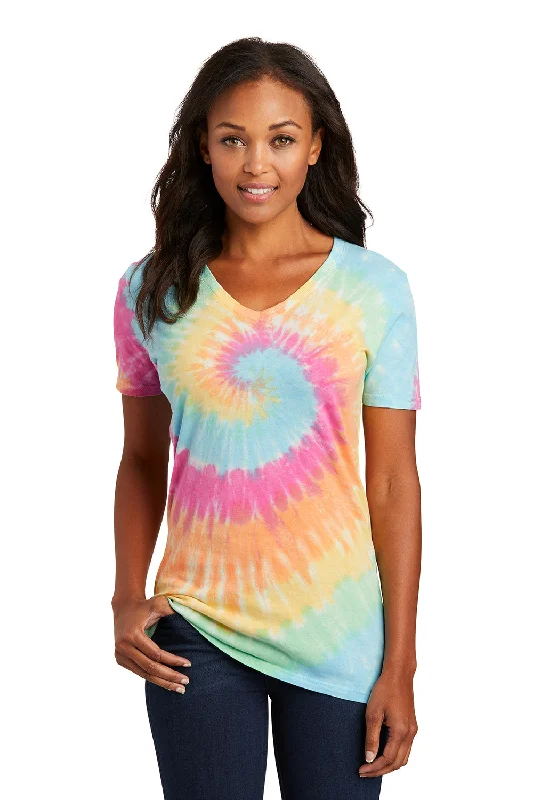 Port & Company Womens Tie-Dye Short Sleeve V-Neck T-Shirt - Pastel Rainbow