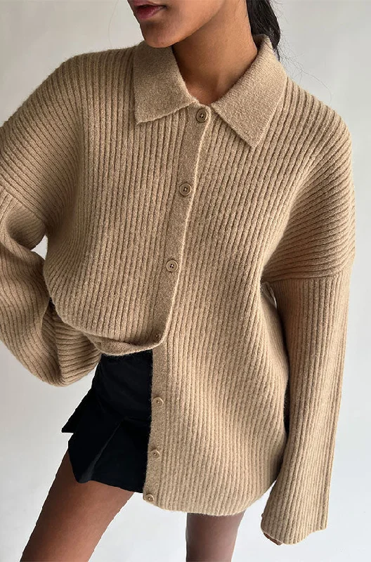 COLLARED RIB-KNIT CARDIGAN