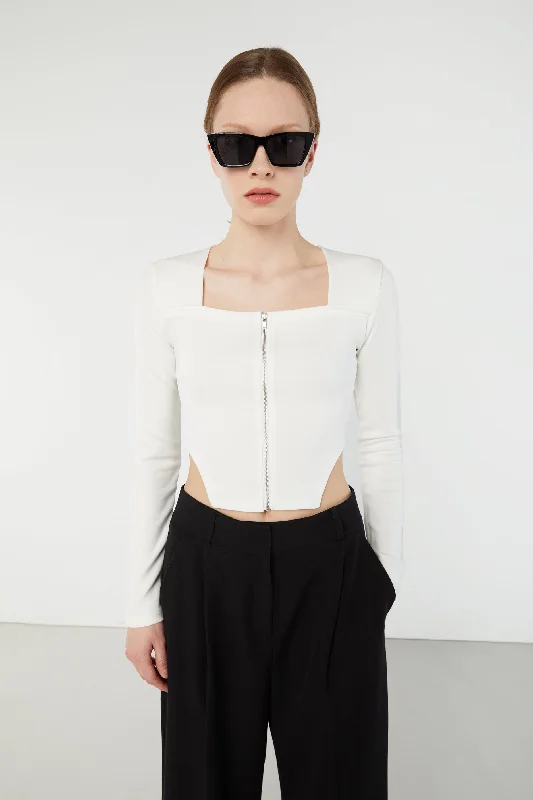 ZIP-FRONT SQUARE NECK TOP