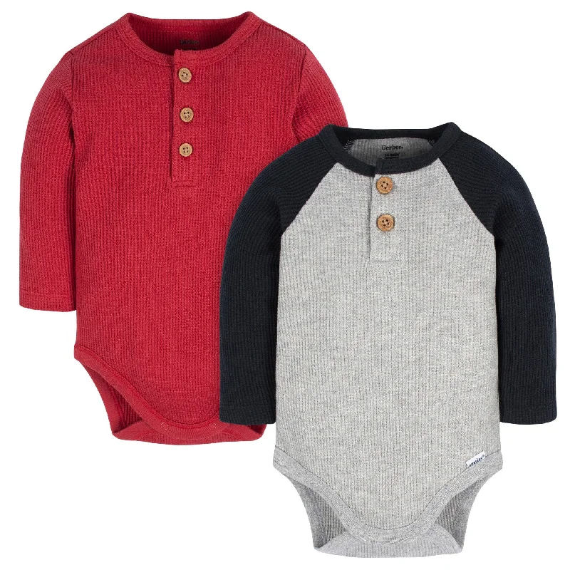 2-Pack Baby Boys Red & Heather Gray Long Sleeve Henley Onesies® Bodysuits