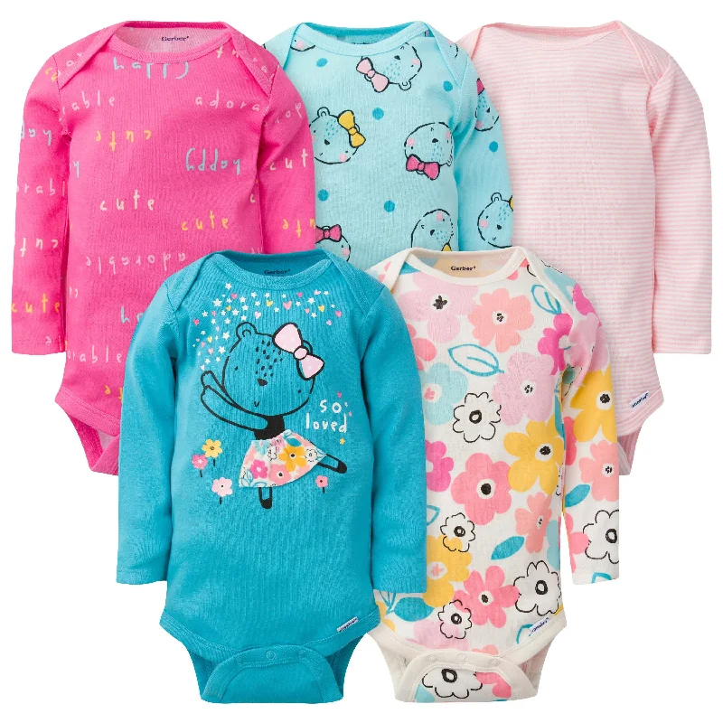 5-Pack Baby Girls Bear Long Sleeve Onesies® Bodysuits