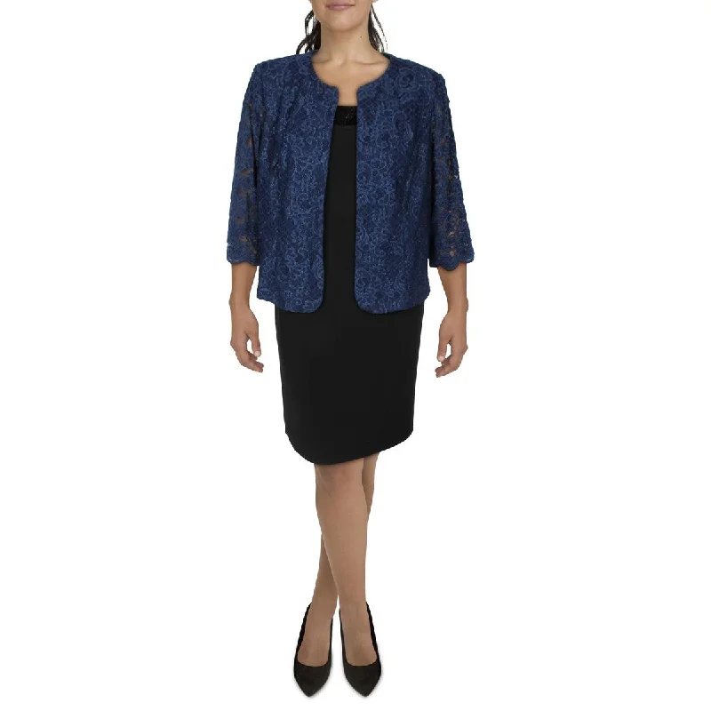 Alex Evenings Womens Plus Lace Glitter Collarless Blazer