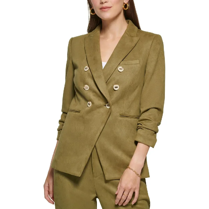 DKNY Womens Faux Suede Ruched Double-Breasted Blazer