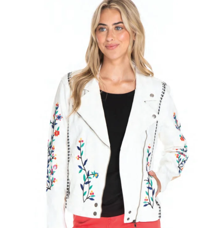 Jacket- Women's-White Embroidered Zipper Front-T14296JM