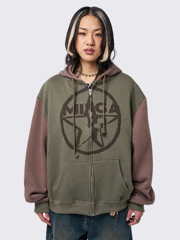 Minga Star Khaki Brown Zip Up Hoodie