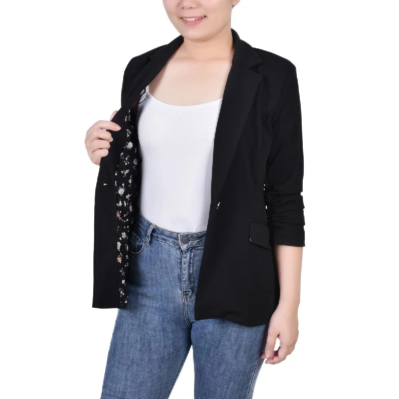 NY Collection Womens Petites Crepe Ruched One-Button Blazer