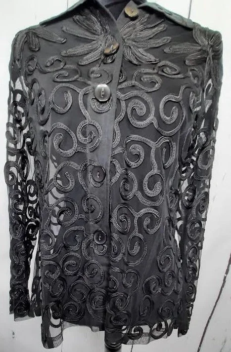 Jacket - Black - Sheer Embroidered Button Front Women's - 22f567e26p