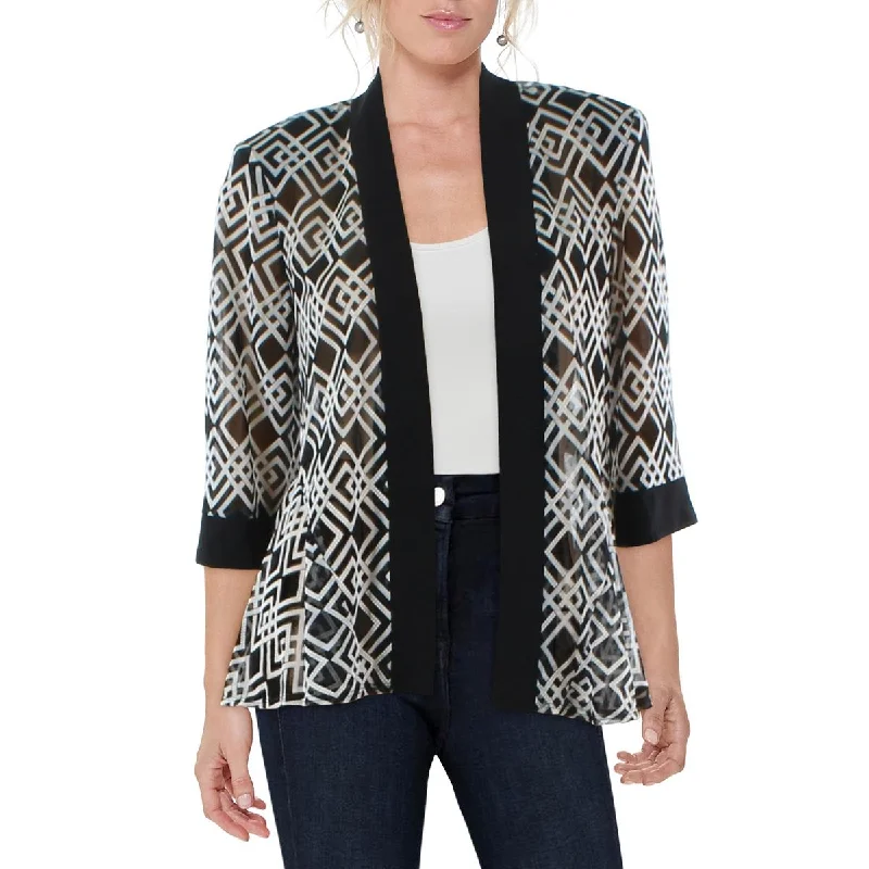 R&M Richards Womens Petites Mesh Printed Duster Blazer