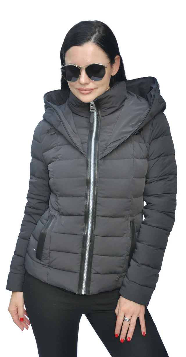 Jacket Down Puffer With Hood Zipper Front  Black Tania Women's