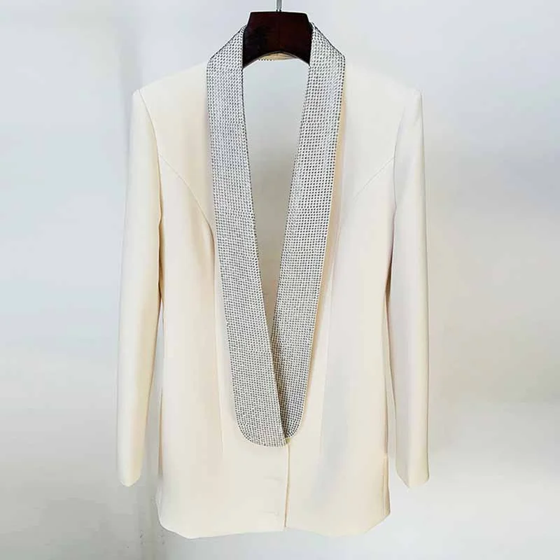 Women Deep V Rhinestone Blazer in White Backless Coat Dress