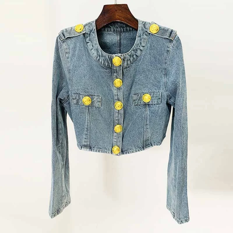 Women's Golden Lion Buttons Fitted Crop Denim Blazer Jacket Blue