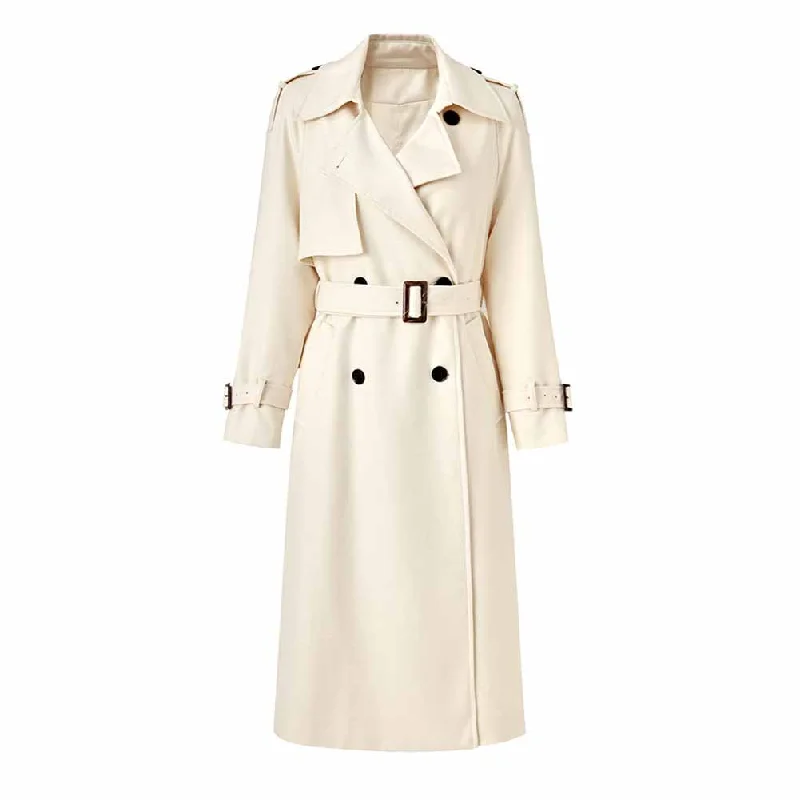 Women's Lapel Double Breasted Belted Pockets Plain Long Length Trench Coat