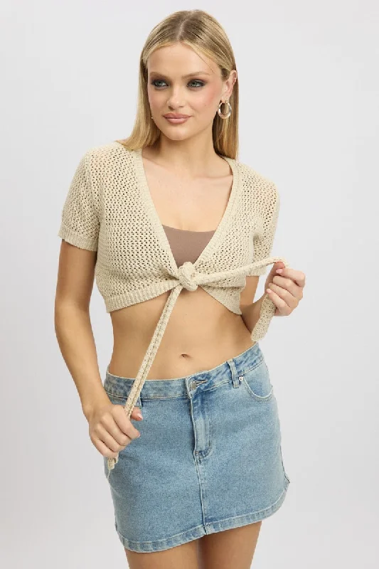 Beige Crochet Knit Cardigan Tie Up