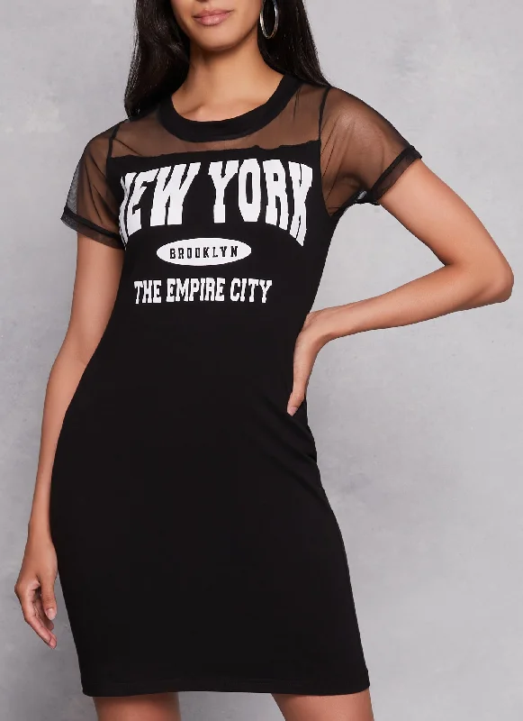 New York Brooklyn Mesh Detail Graphic T Shirt Dress