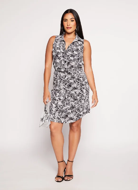 Palm Print Tie Front Waist Shirt Dress