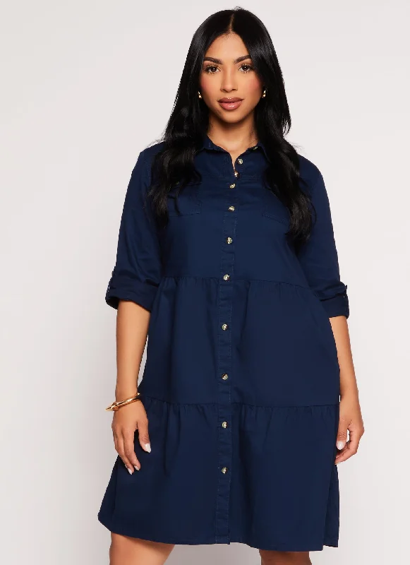 Twill Button Front Tiered Shirt Dress