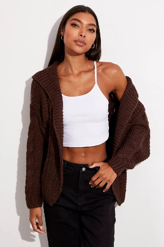 Brown Hooded Cable Knit Cardigan