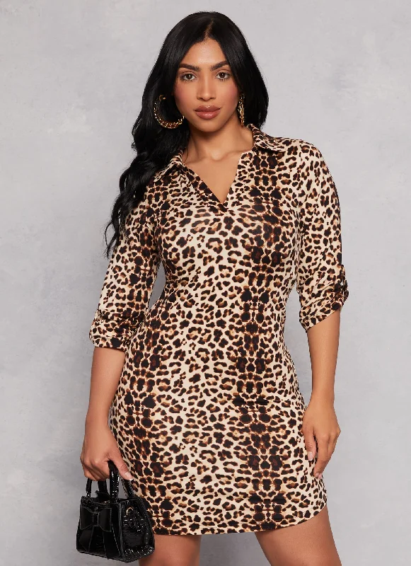 Leopard Print Johnny Collar Shirt Dress