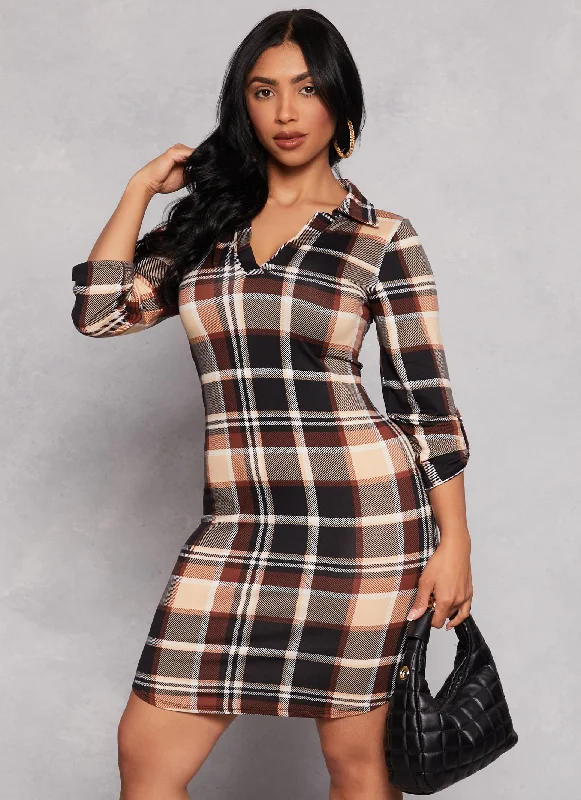 Plaid Johnny Collar Shirt Dress