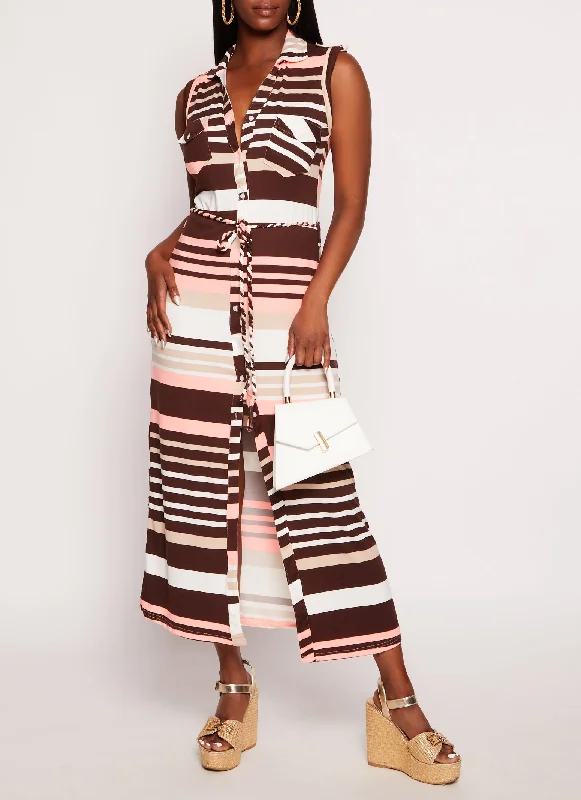 Sleeveless Striped Maxi Shirt Dress