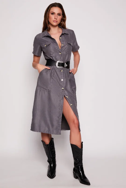 Tie Waist Belted Button Down Shirt Dress