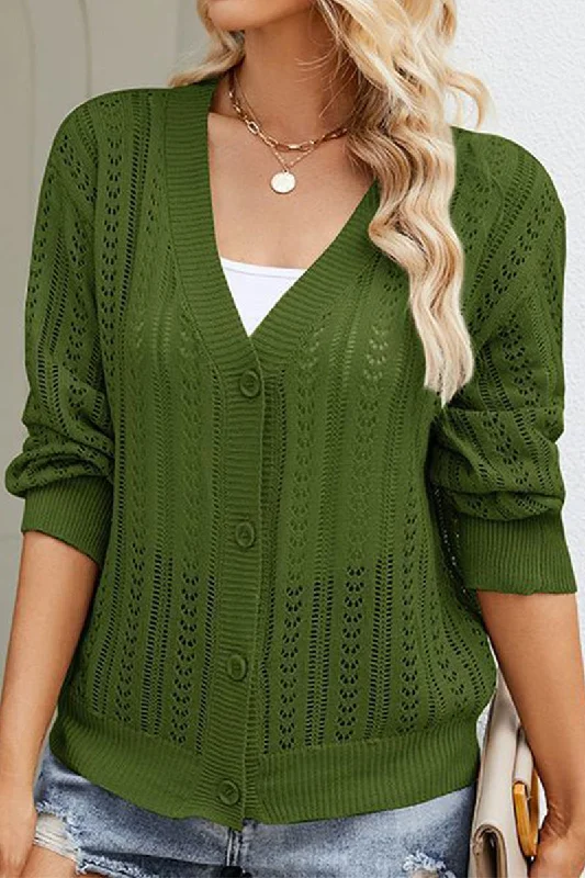 WOMEN HOLLOW KNITTED BUTTON UP SHORT CARDIGAN