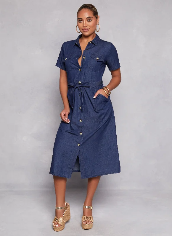 Denim Tie Waist Belted Shirt Dress