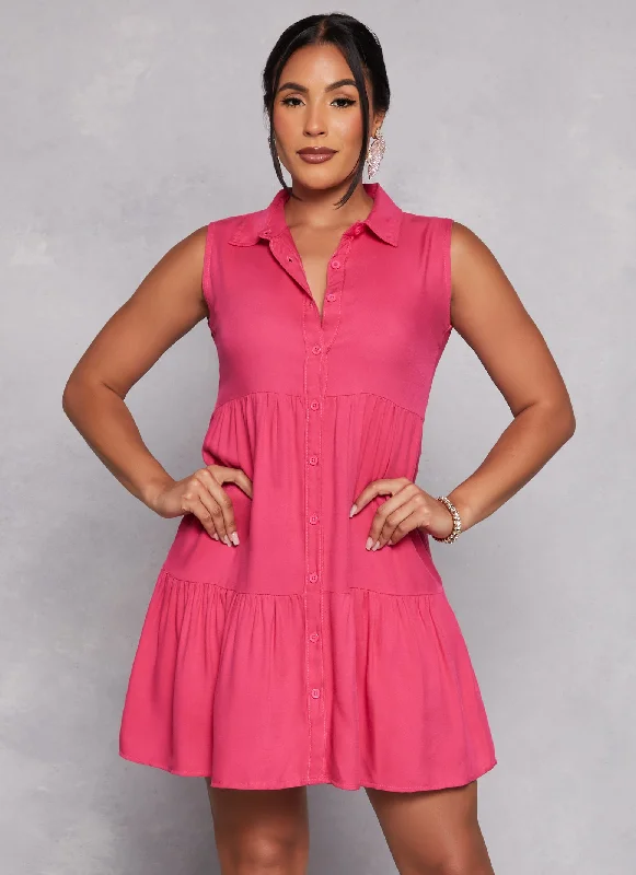 Sleeveless Tiered Button Front Shirt Dress