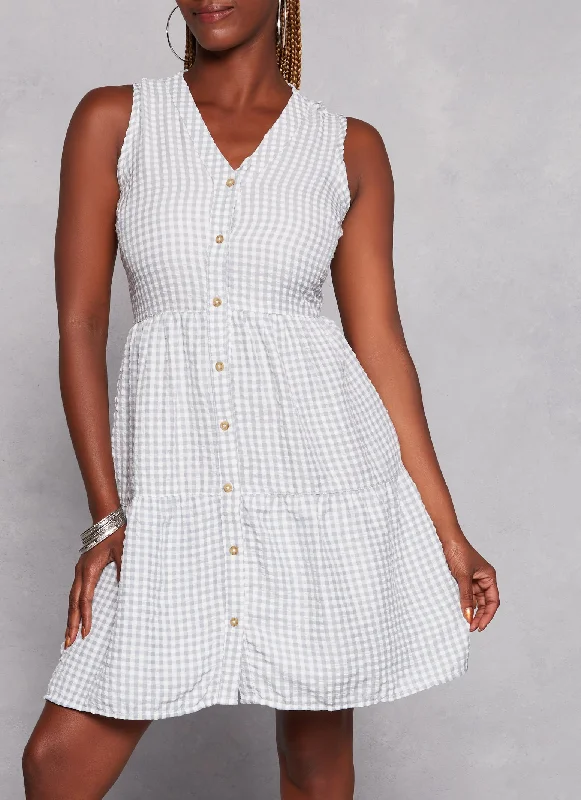 Plaid Button Front Tiered Shirt Dress