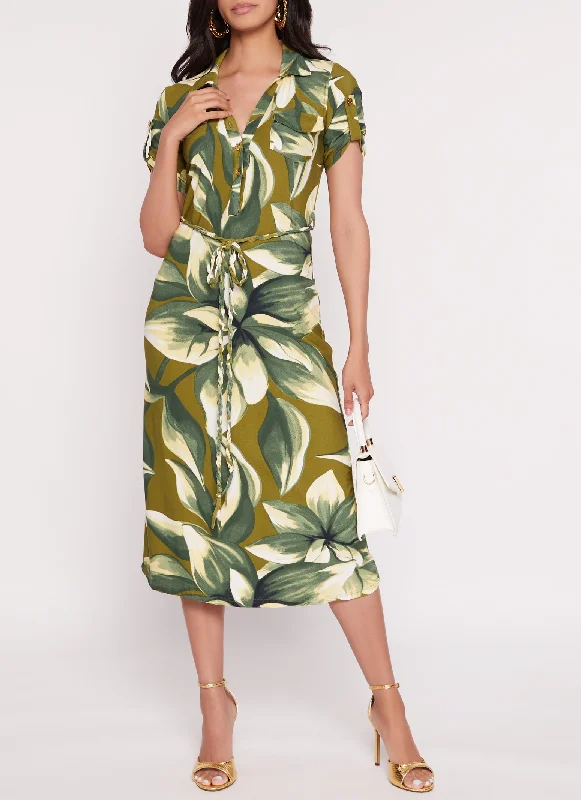 Floral Print Tabbed Sleeve Midi Shirt Dress