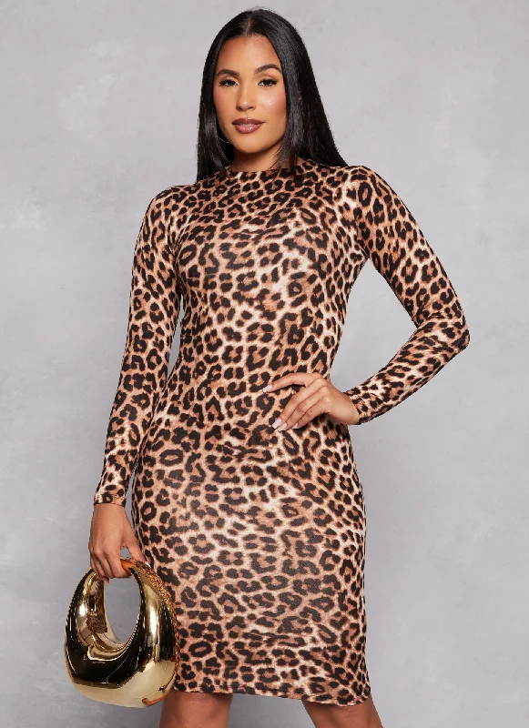 Mock Neck Printed Midi Dress