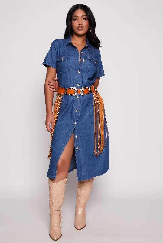 Denim Tie Waist Belted Shirt Dress