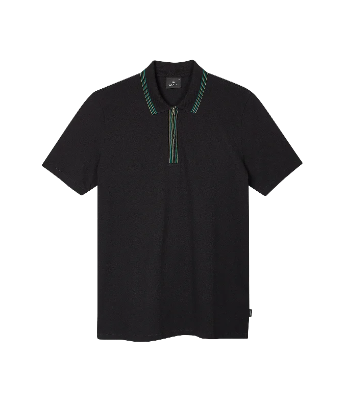 Zip Neck Stretch-Cotton Polo Shirt With Two-Tone Tipping - Black