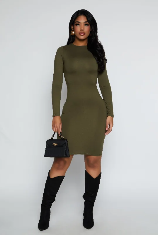 High Neck Long Sleeve Midi Dress