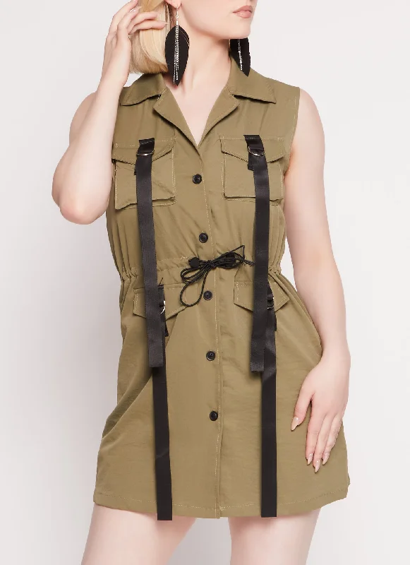 Strappy Cargo Pocket Button Front Mini Dress