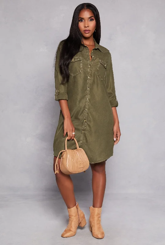 Tabbed Sleeve Button Down Shirt Dress