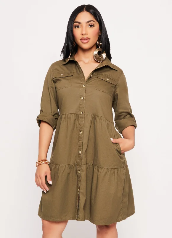 Twill Button Front Tiered Shirt Dress