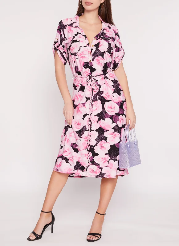 Floral Print Tabbed Sleeve Midi Shirt Dress