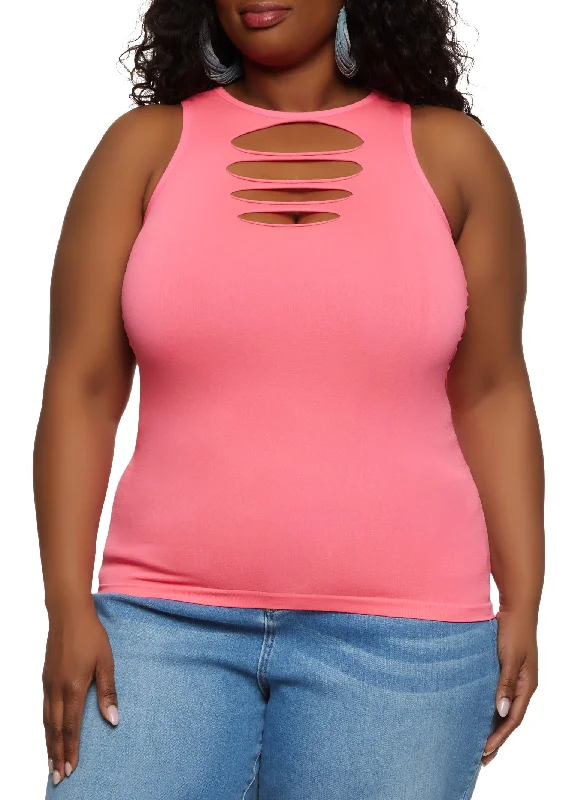 Plus Size Seamless Laser Cut High Neck Tank Top