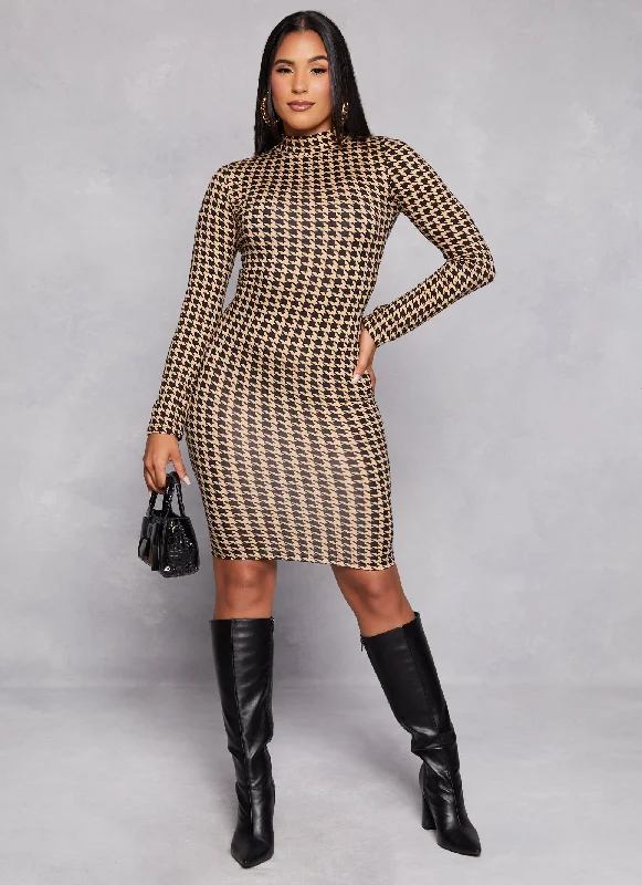 Houndstooth Mock Neck T Shirt Dress