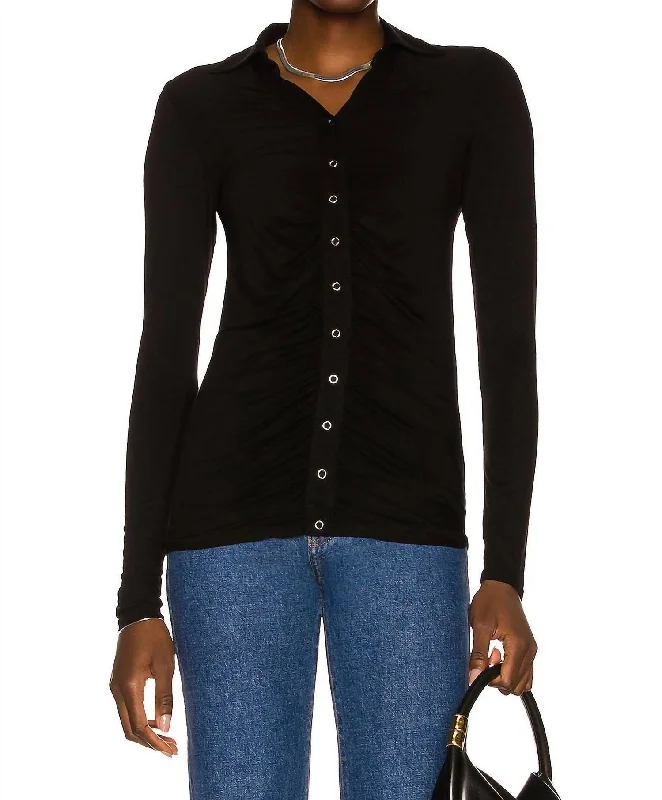 Viscose Jersey Ruched Polo Cardigan In Black