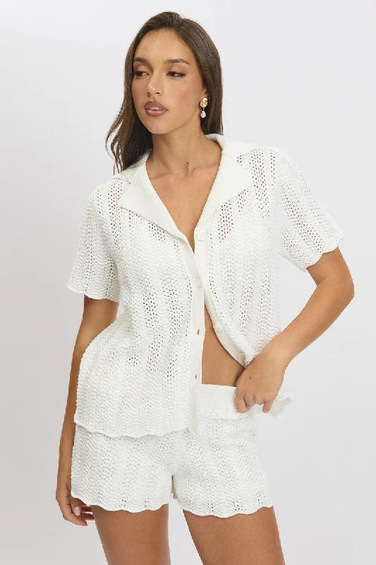 White Crochet Knit Cardigan Collared