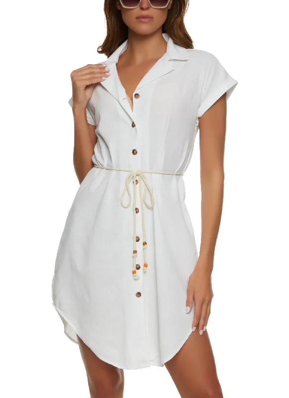 Linen Button Front Rope Belt Shirt Dress