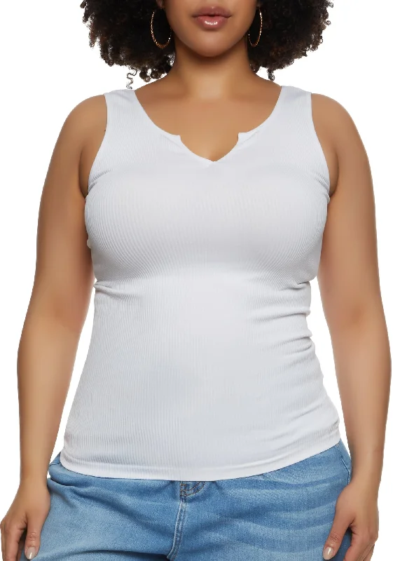 Plus Size Ribbed Notch Neck Tank Top