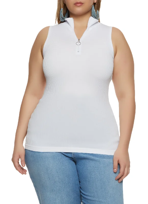 Plus Size Ribbed Sleeveless Zip Neck Top