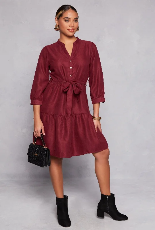 Tie Waist Belted Half Button Tiered Dress